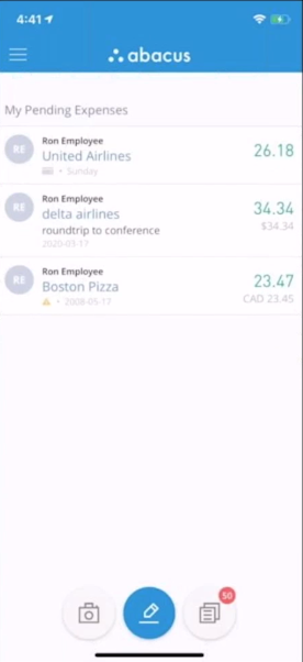 The mobile app screen showing pending expenses