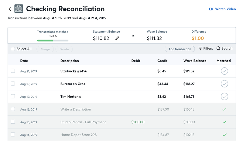 Checking the reconciliation screen in Wave Accounting displays all debits and credits for the month.