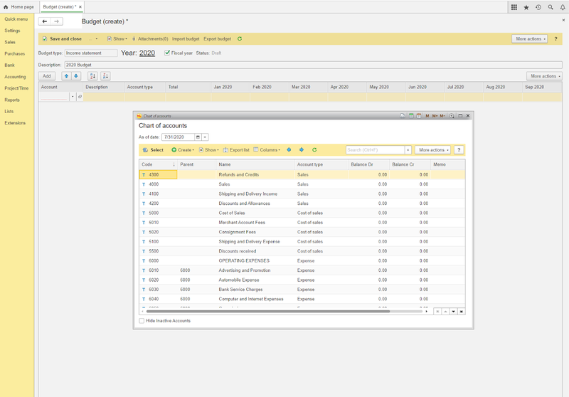 AccountingSuite screenshot with new budget creation option and chart of accounts displayed