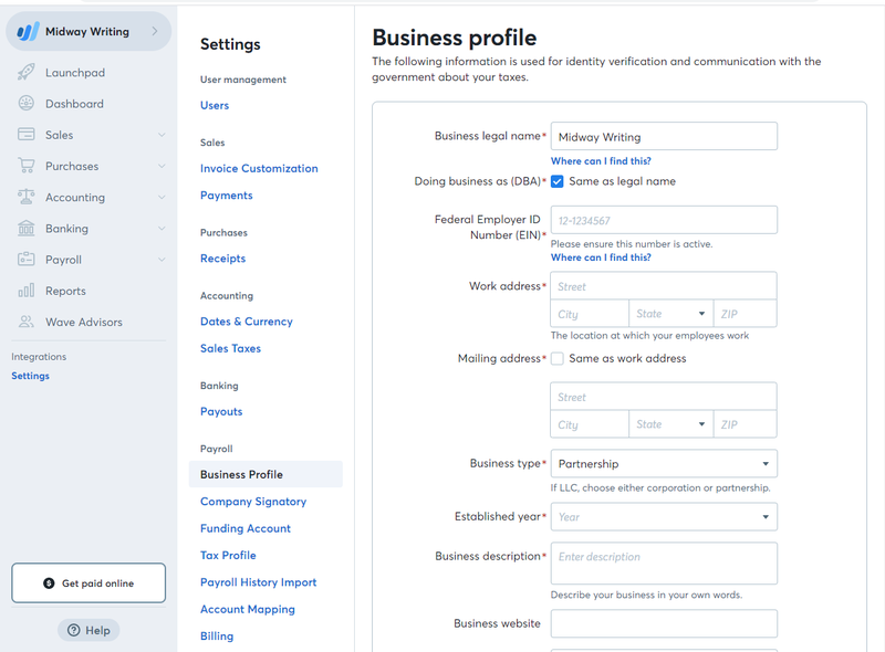Accounting by Wave business profile settings