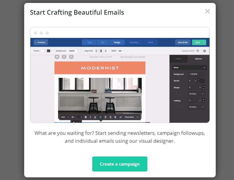 ActiveCampaign pop up showing users their email template editing service