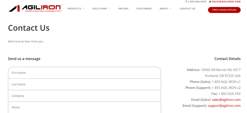 Image showing Agiliron’s customer support message form.