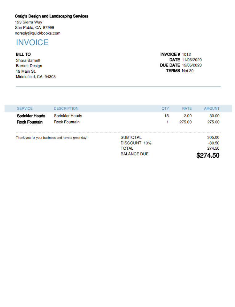 quickbooks online invoice