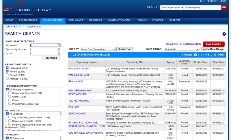 The main search page of the grants.gov database.