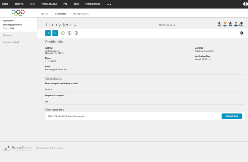 Screenshot of BerniePortal's area for HR people to leave comments on candidates within the hiring portal