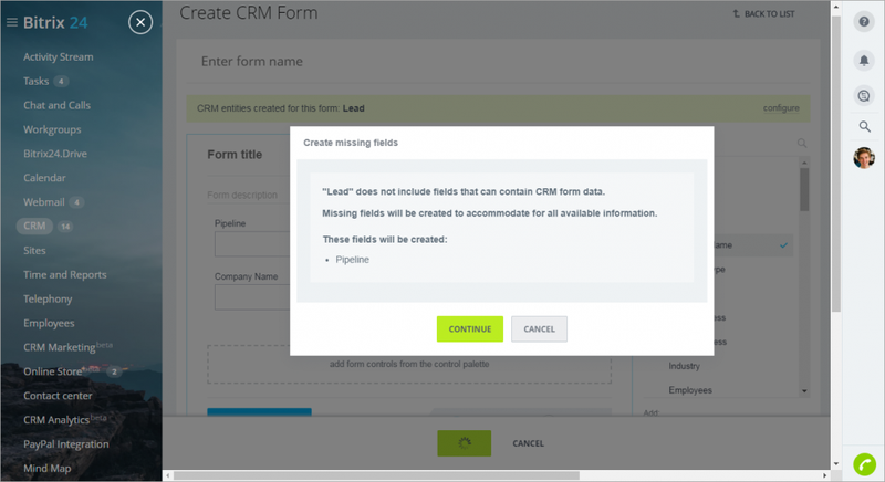 A "create missing fields" message is displayed in the smart form builder.