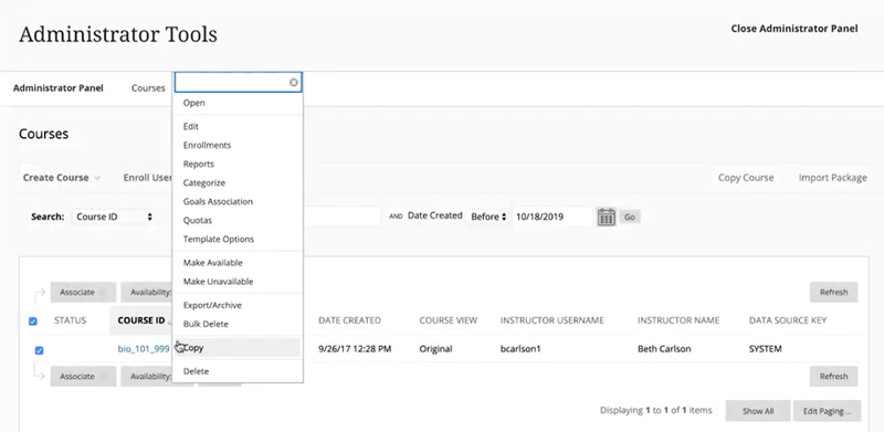 A menu of administrator tools.