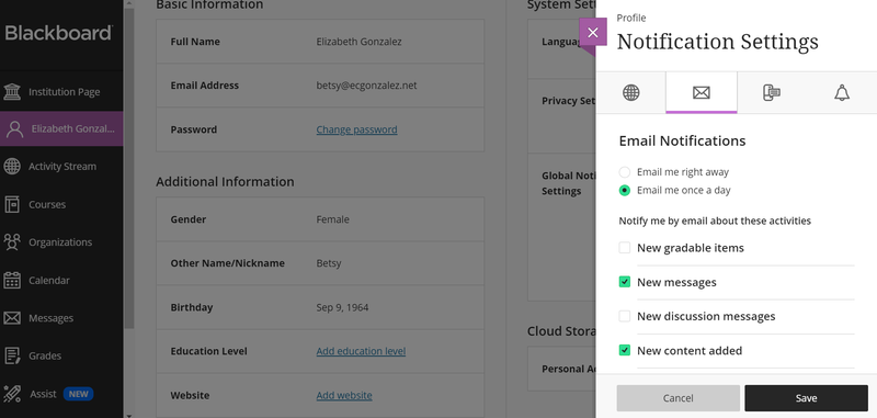Blackboard 's notification settings.