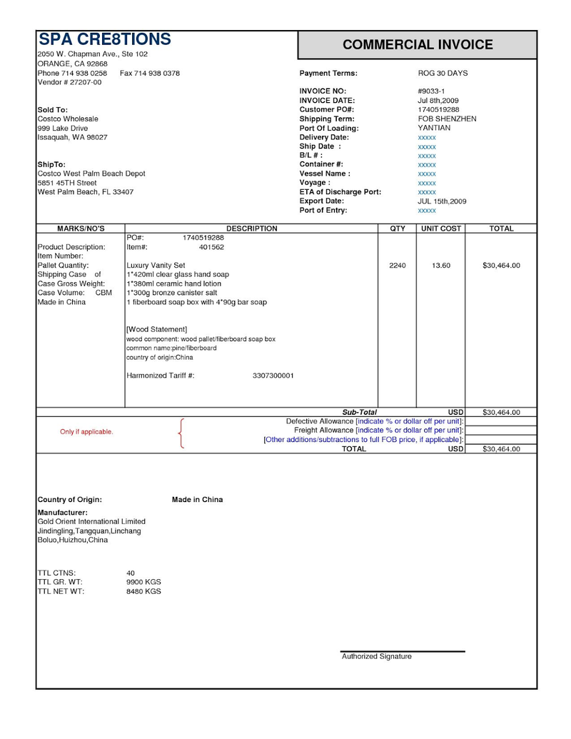 A commercial invoice provided by a U.S. company.