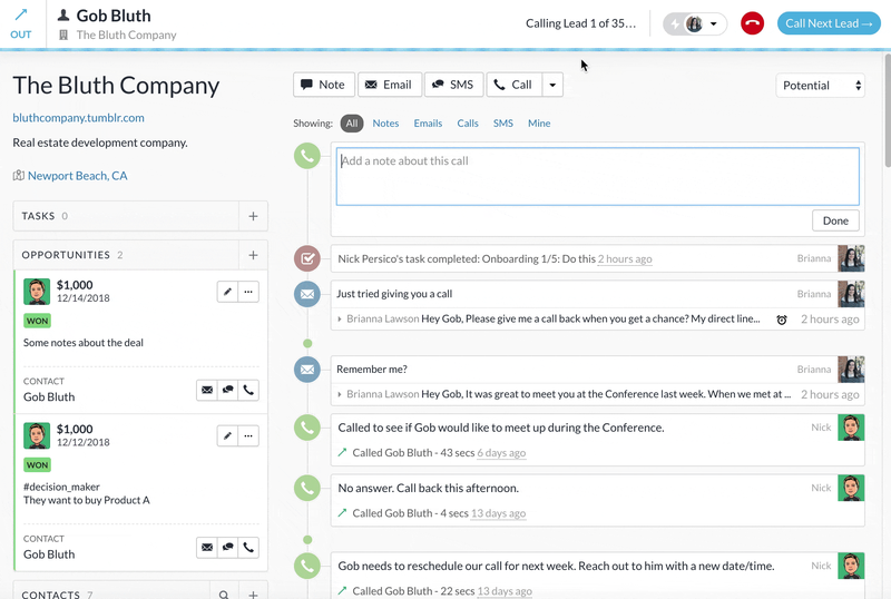 Layout of a customer profile from a CRM platform that includes real-time updates