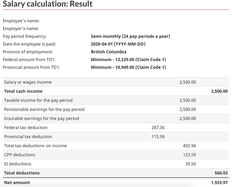 olivia’s salary calculation from the cra website