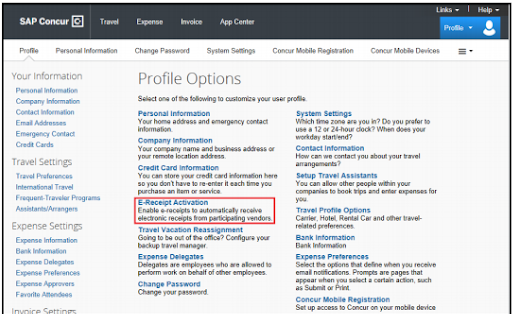 The Profile Options screen with a list of all options that can be used in Concur Expense.