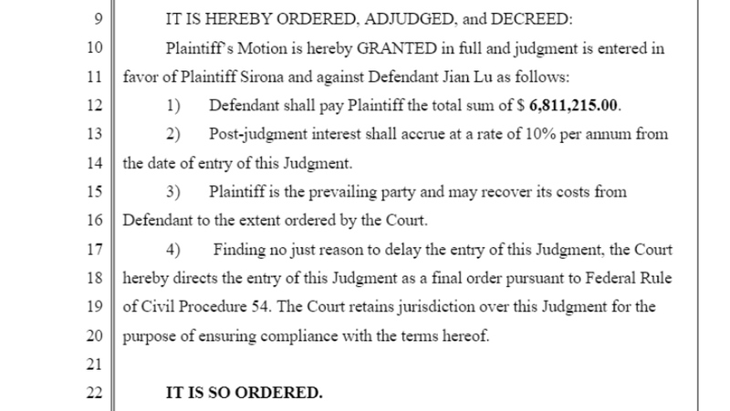A judge's order for Jian Lu to pay Sirona $6.8 million in damages.