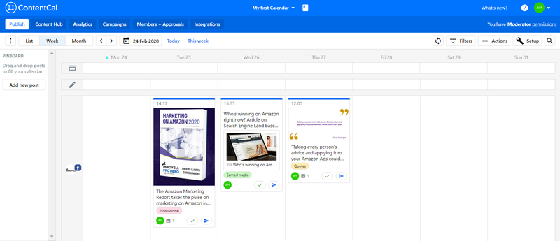 ContentCal social calendar view of scheduled social media posts with text and image preview.