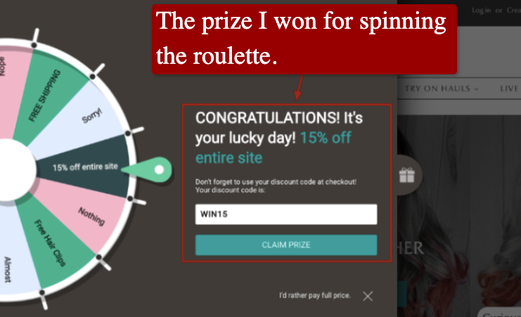 Screenshot of a gamification example on an e-commerce site.