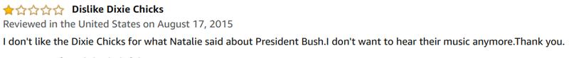 A one-star review on Amazon of The Chicks' Home album was based on politics.
