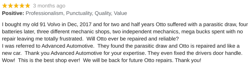 A five-star Google review for an automotive repair shop.