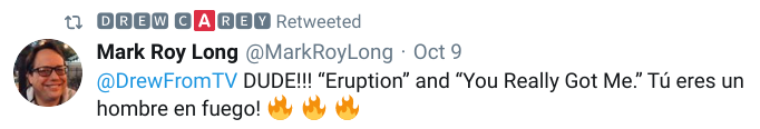 A Drew Carey retweet of a post from a fan of his music show (me).