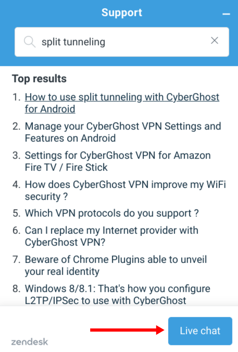 Eight chatbot query search results for "split tunneling" are listed.