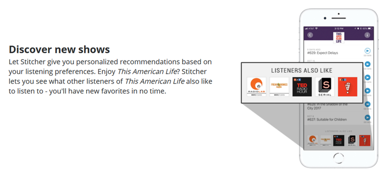 Product image of Stitcher on an iPhone with text describing how Stitcher suggests content to users.