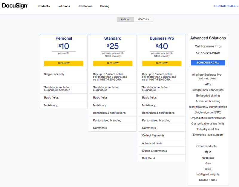 The DocuSign pricing page shows four pricing options