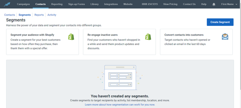 Constant Contact offers three basic list segmentation options: customer behavior via Shopify, customer reengagement, and contact conversion.