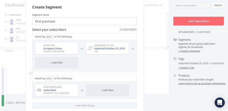 ConvertKit’s screen where you can add multiple criteria to create segments.