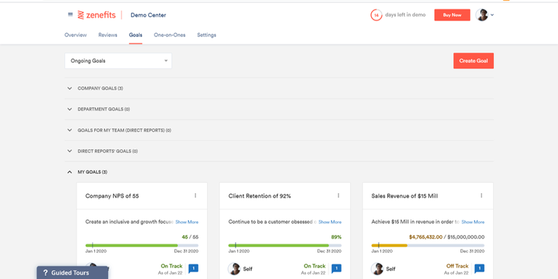 Zenefits dashboard for tracking goals