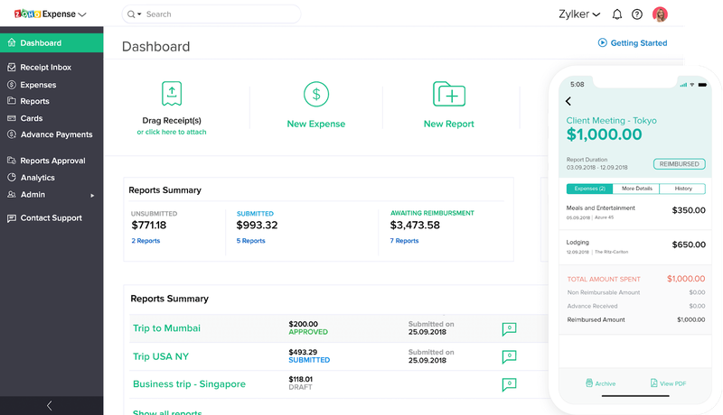 Expense management dashboard in Zoho Expense.