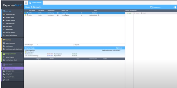 User and Reports screen listing all expense reports.