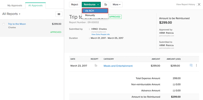Reimbursement feature with the option to reimburse via ACH or manually.