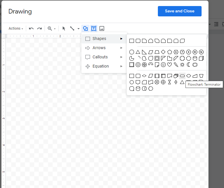 A screenshot of the different flowcharting shapes, with the terminator symbol highlighted.