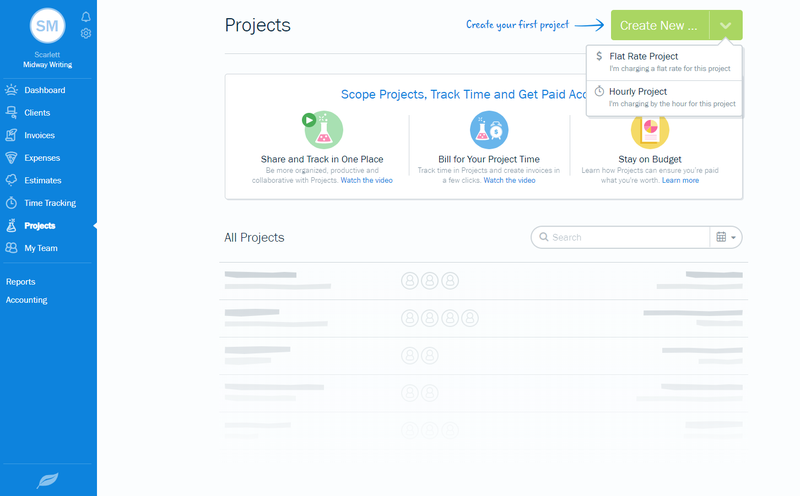 FreshBooks project creation screen with prompts to get started.