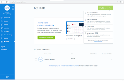 Screenshot of FreshBooks My Team dashboard