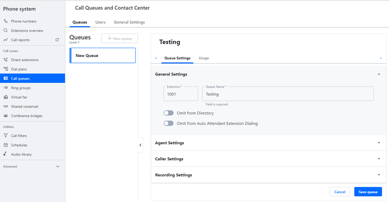 GoToConnect’s call queuing system includes agent, caller, and recording settings.