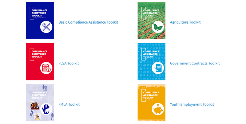 Screenshot of DOL toolkits for basic compliance, FLSA, FMLA, youth employment, and more.
