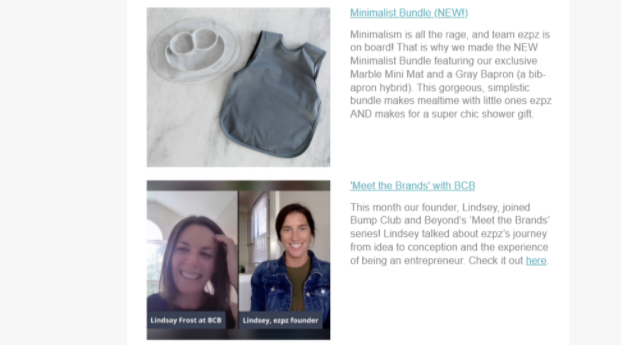 Blocks of text beside pictures of a baby bib apron and two girls in a video call.