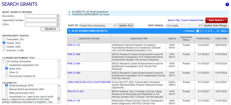 연방 보조금 데이터베이스의 검색 도구 grants.gov.