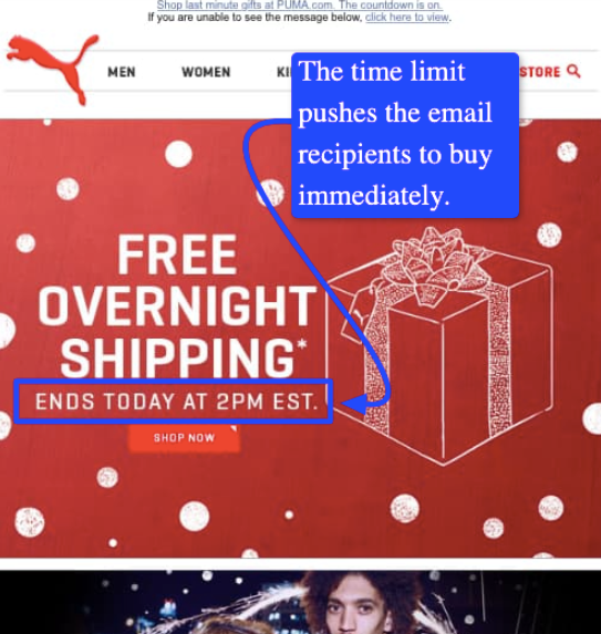 The image shows an email with a limited free overnight shipping offer.