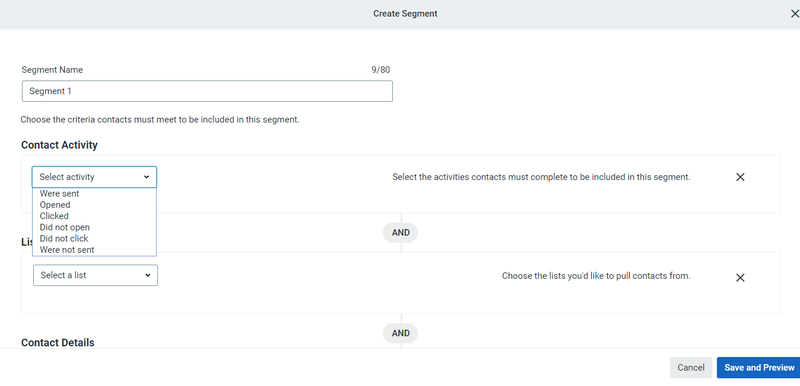 Constant Contact email segmentation form with drop down menu for criteria