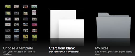 Three options for site building: “choose a template” with 24 icons above, “start from blank” with two blank sheets of paper and “my sites” with a gray folder.