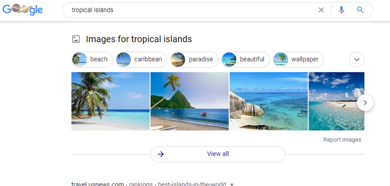 Screenshot of the image pack for the search results of tropical islands on Google.