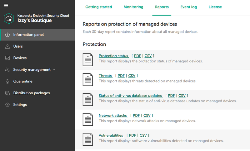 The reports section shows a list of built-in reports with information about the security of your endpoints.