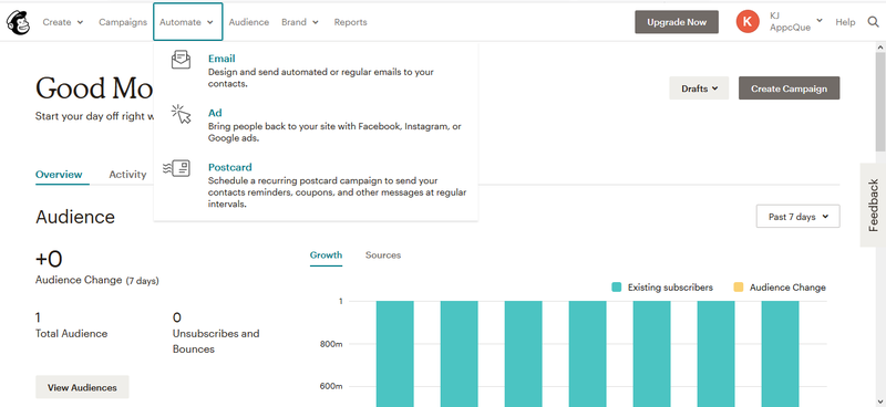 Mailchimp screen showing navigation dropdown to select email campaign.