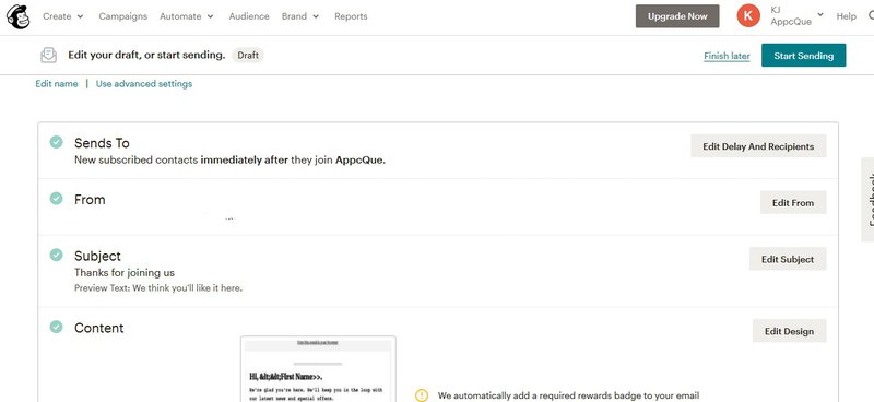 MailChimp email draft editing screen with options to select addresses, subject line, etc.