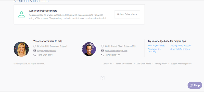 Mailigen help information at the bottom of each page with 2 customer support people who you can reach, including their email and phone number