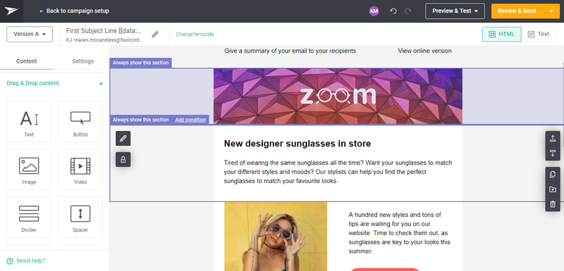 Mailjet email editor has drag and drop elements on the left hand side with the email body on the right side