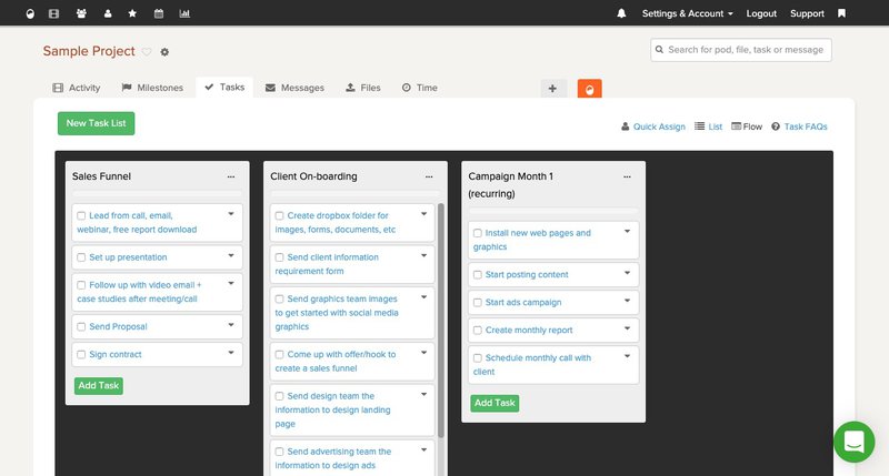 Brightpod projects screen showing different project tasks in a kanban board view.