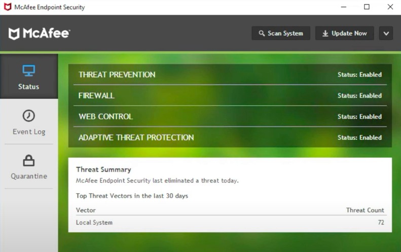 McAfee Endpoint Security’s locally installed application shows the security status of a user’s computer.