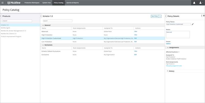 McAfee ePO’s Policy Catalog screen shows current security policies and provides policy control tools.